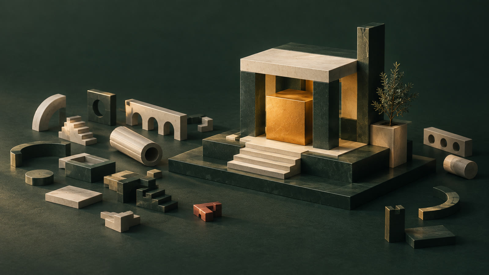 Building blocks scattered across a dark green floor around one small, finished stone structure — most of the pieces deliberately left unused