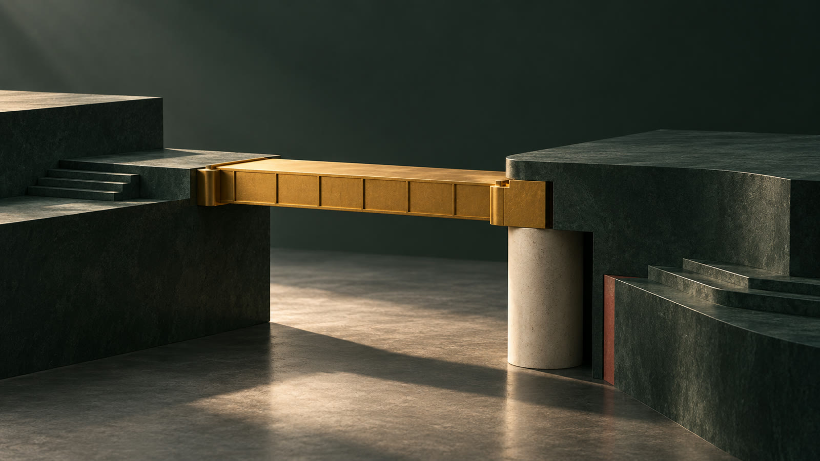 A modular gold bridge spanning the gap between two dark stone platforms, held up by a single column — a temporary structure carrying real weight