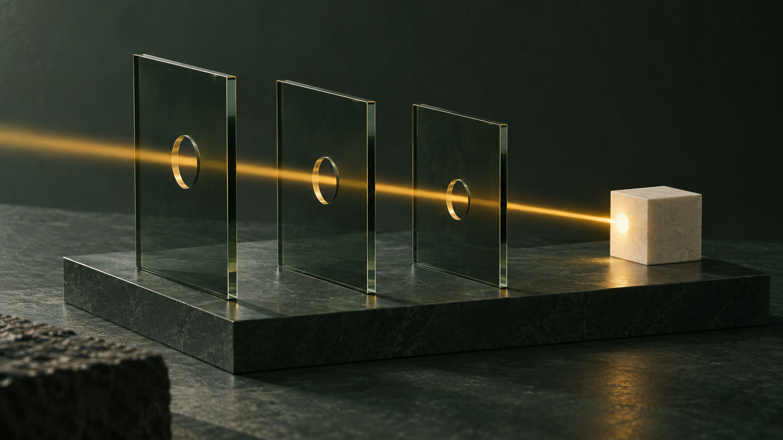 A beam of amber light passing through three aligned glass panels before landing on a stone cube — a signal being filtered before it arrives